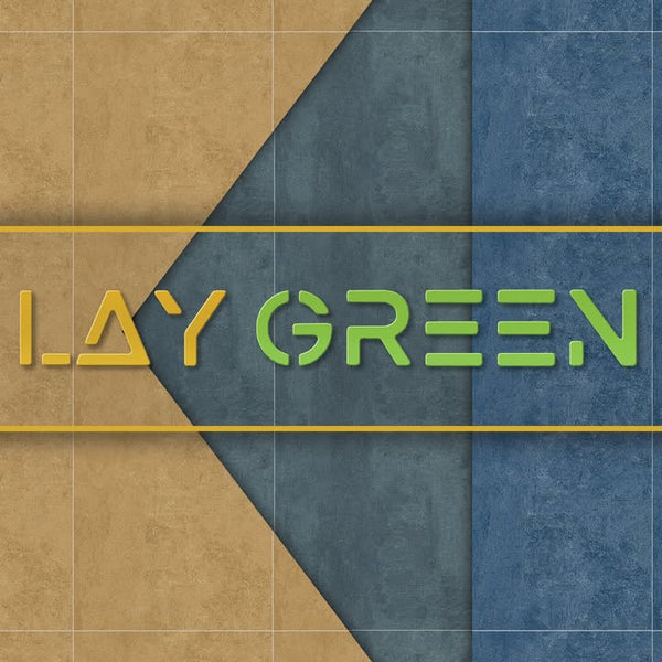 Colorful geometric design with 'LAY GREEN' text on a textured background