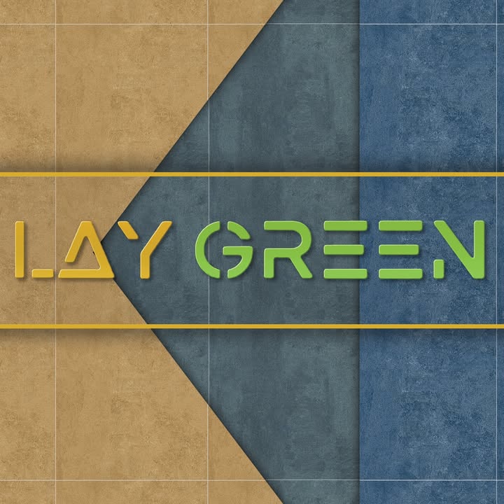 Colorful geometric design with 'LAY GREEN' text on a textured background