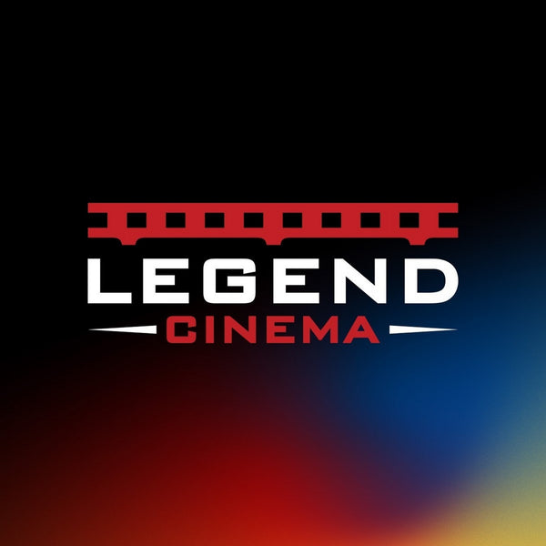 Logo of Legend Cinema with a red train icon on a gradient background