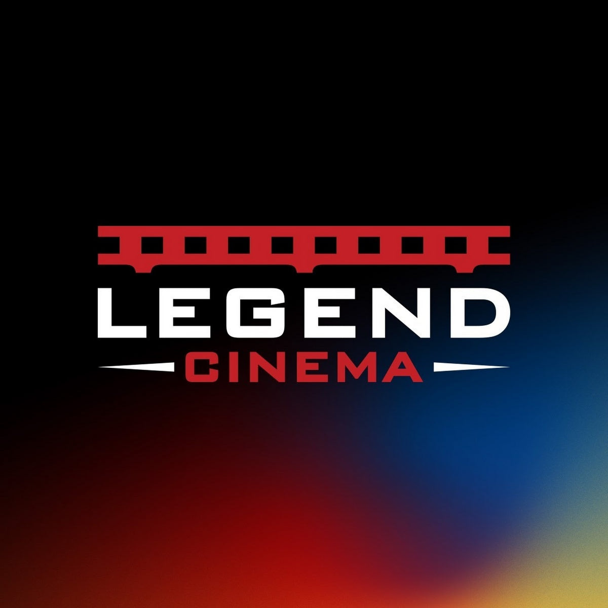 Logo of Legend Cinema with a red train icon on a gradient background