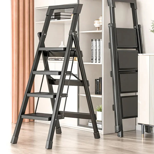 Black step ladder in a room with books and decor