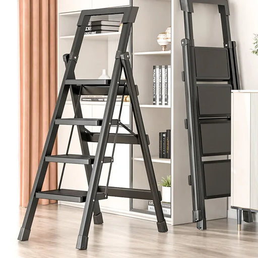 Black step ladder in a room with books and decor