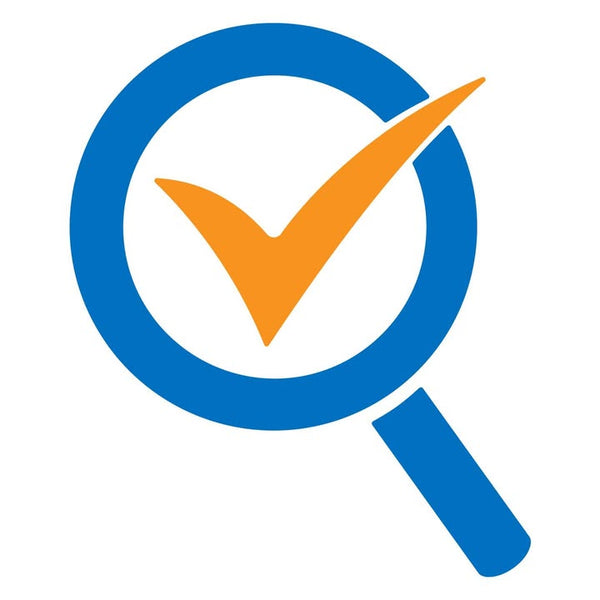 Logo with a blue magnifying glass and an orange check mark on a white background