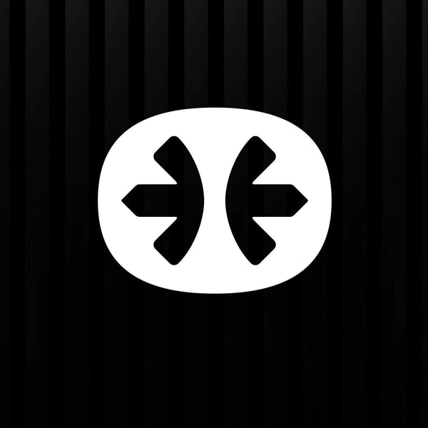 White logo with black arrows on a black background