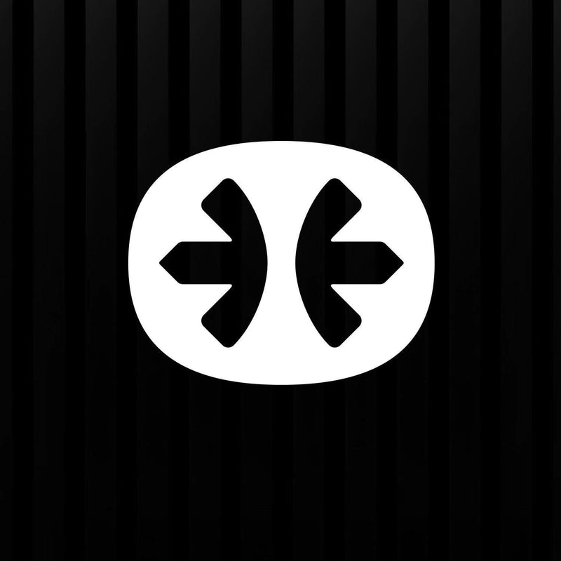 White logo with black arrows on a black background