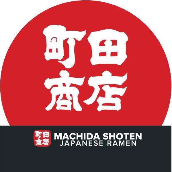 A logo-style graphic for Machida Shoten Japanese Ramen, featuring a large red circle with white Japanese characters on the upper portion and a black band at the bottom with the English name and 'Japanese Ramen' text.