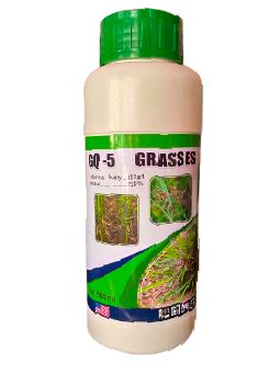 Bottle of GR-5 Grasses fertilizer with a green cap on a white background