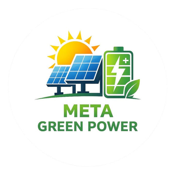 Logo of Meta Green Power with solar panel, battery, and sun on a white background
