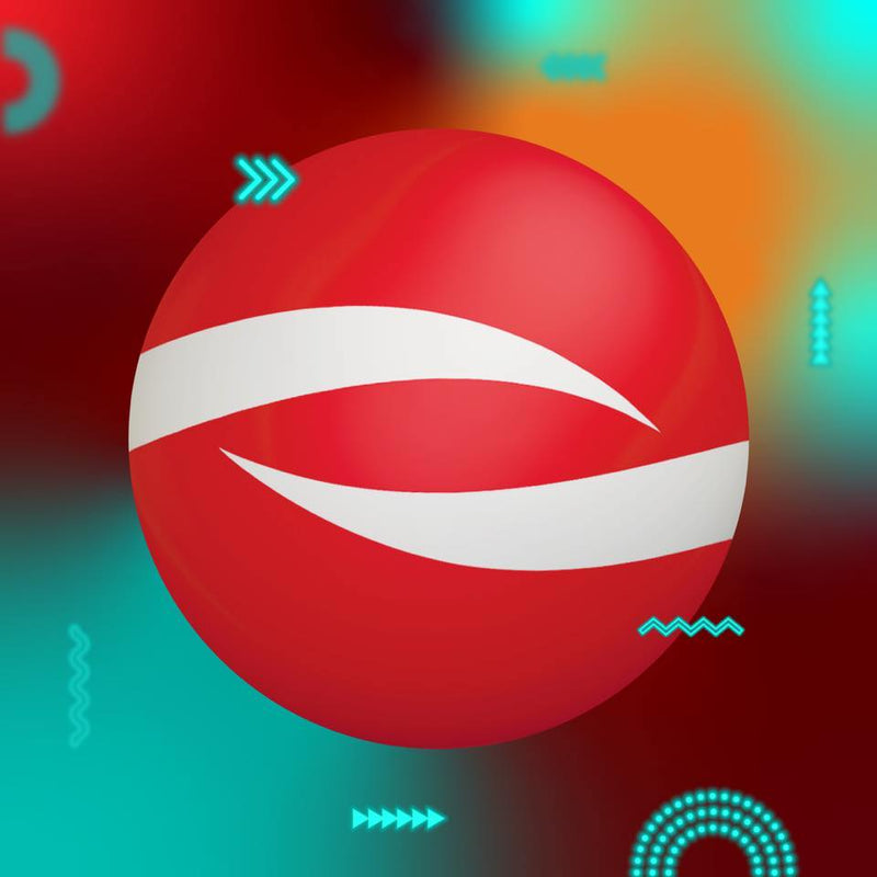 Red circular logo with a white swoosh on a colorful abstract background