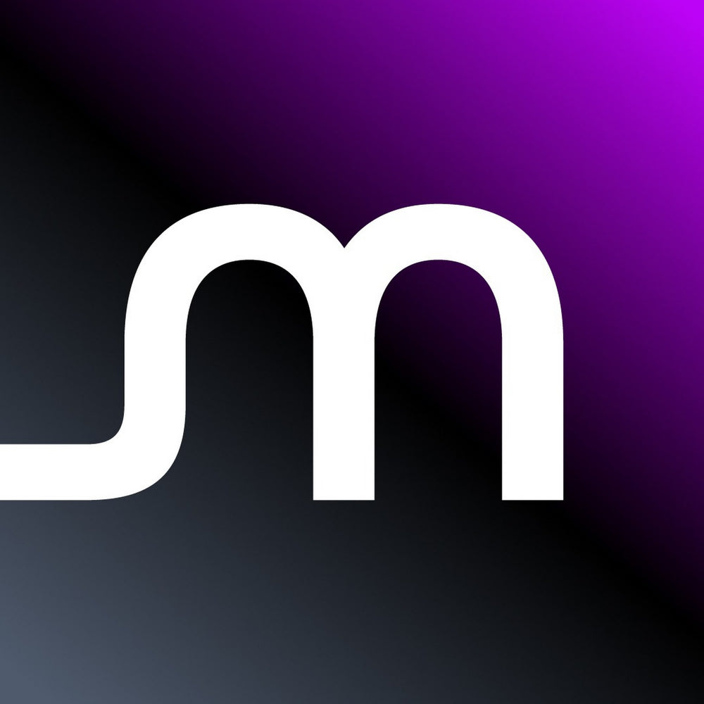 White 'm' logo on a gradient purple and black background
