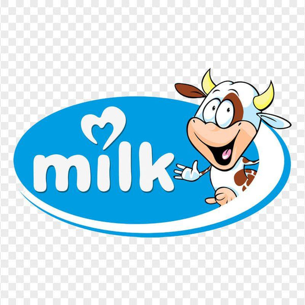 Cartoon cow character with 'milk' text on a blue oval background