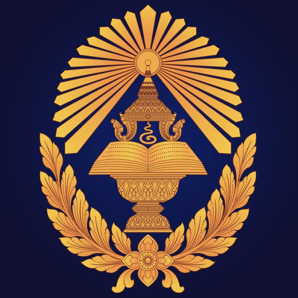 Decorative emblem with gold design on a blue background