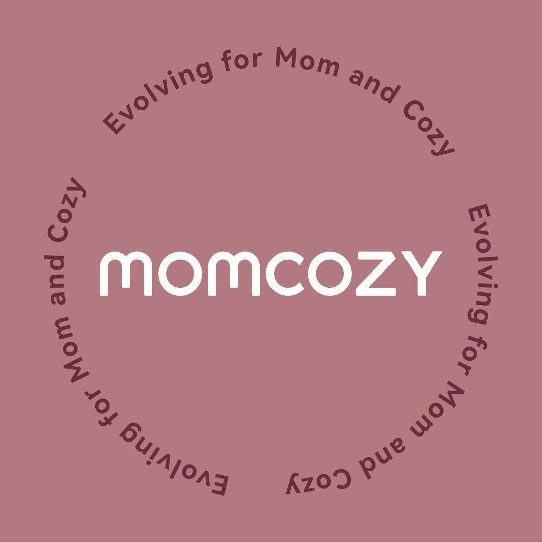 momcozy logo on a maroon background with text 'Evolving for Mom and Cozy'.