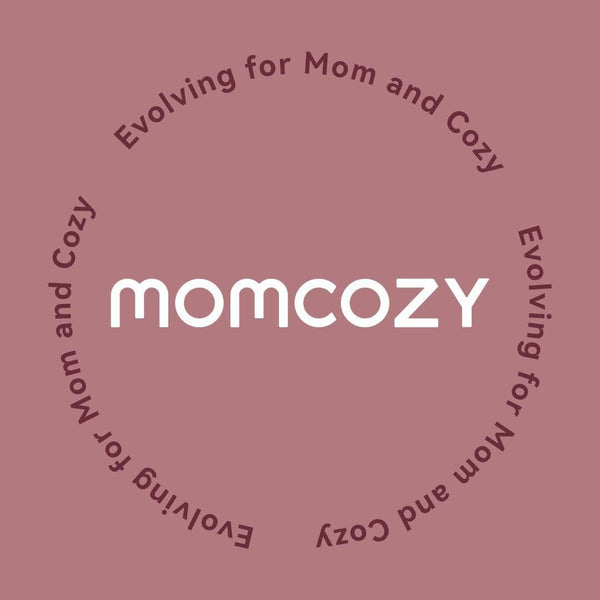 momcozy logo on a maroon background with text 'Evolving for Mom and Cozy'.