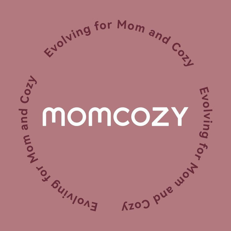 momcozy logo on a maroon background with text 'Evolving for Mom and Cozy'.