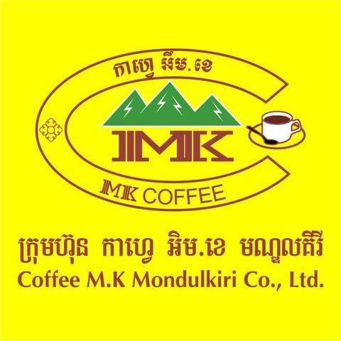 Logo of MK Coffee with mountains and a coffee cup on a yellow background