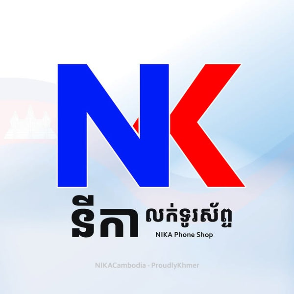 Logo of NK with Khmer text and 'NIKA Phone Shop' below on a light blue background