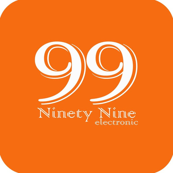 Orange square with '99 Ninety Nine electronic' text in white