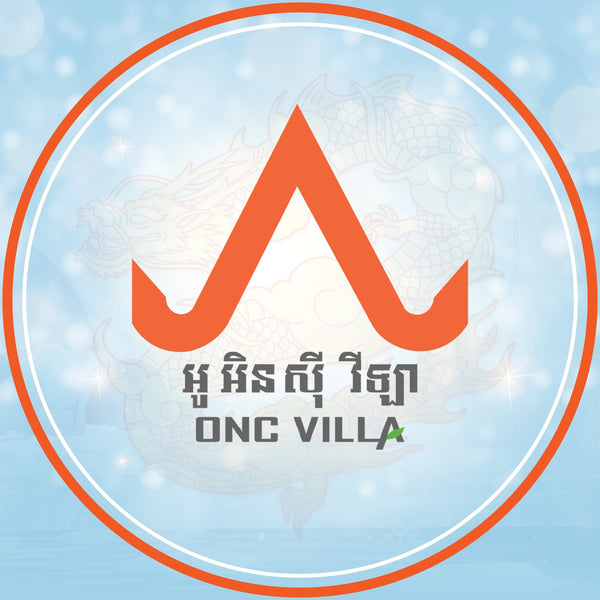 Logo of ONC Villa with an orange arrow-like symbol on a light blue background