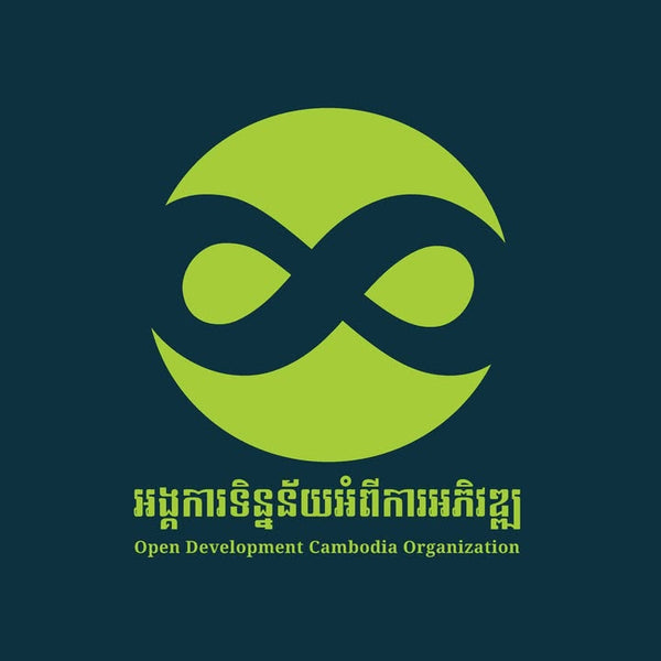 Logo of Open Development Cambodia Organization with green infinity symbol on a dark blue background