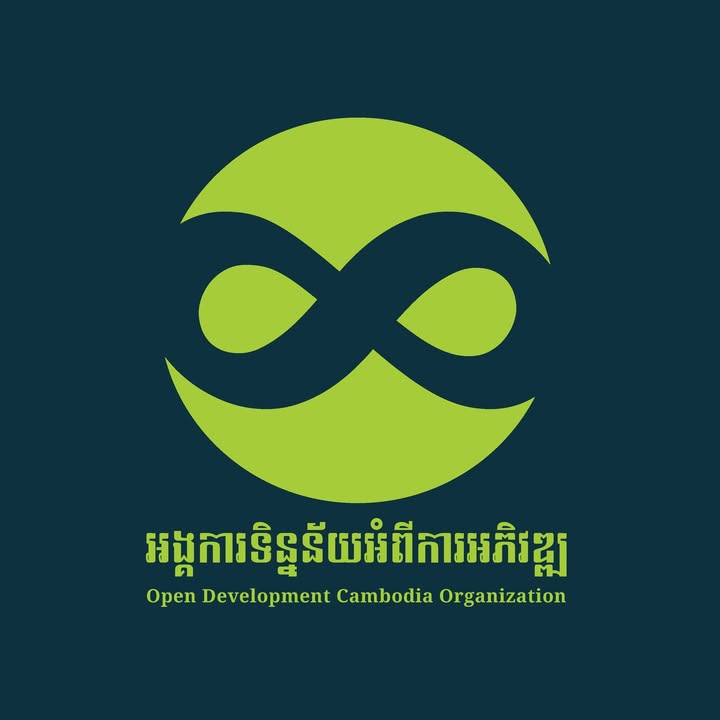 Logo of Open Development Cambodia Organization with green infinity symbol on a dark blue background