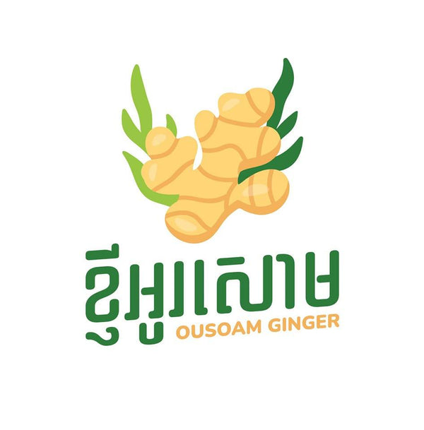 Logo of Ousouam Ginger with ginger root illustration on a white background