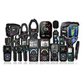 Collection of electronic devices including a multimeter, digital display, and various probes on a black background.