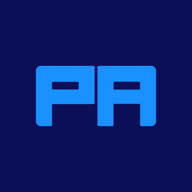 Blue 'PA' logo on a dark blue background
