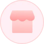 Pink icon of a store with a roof on a light pink background