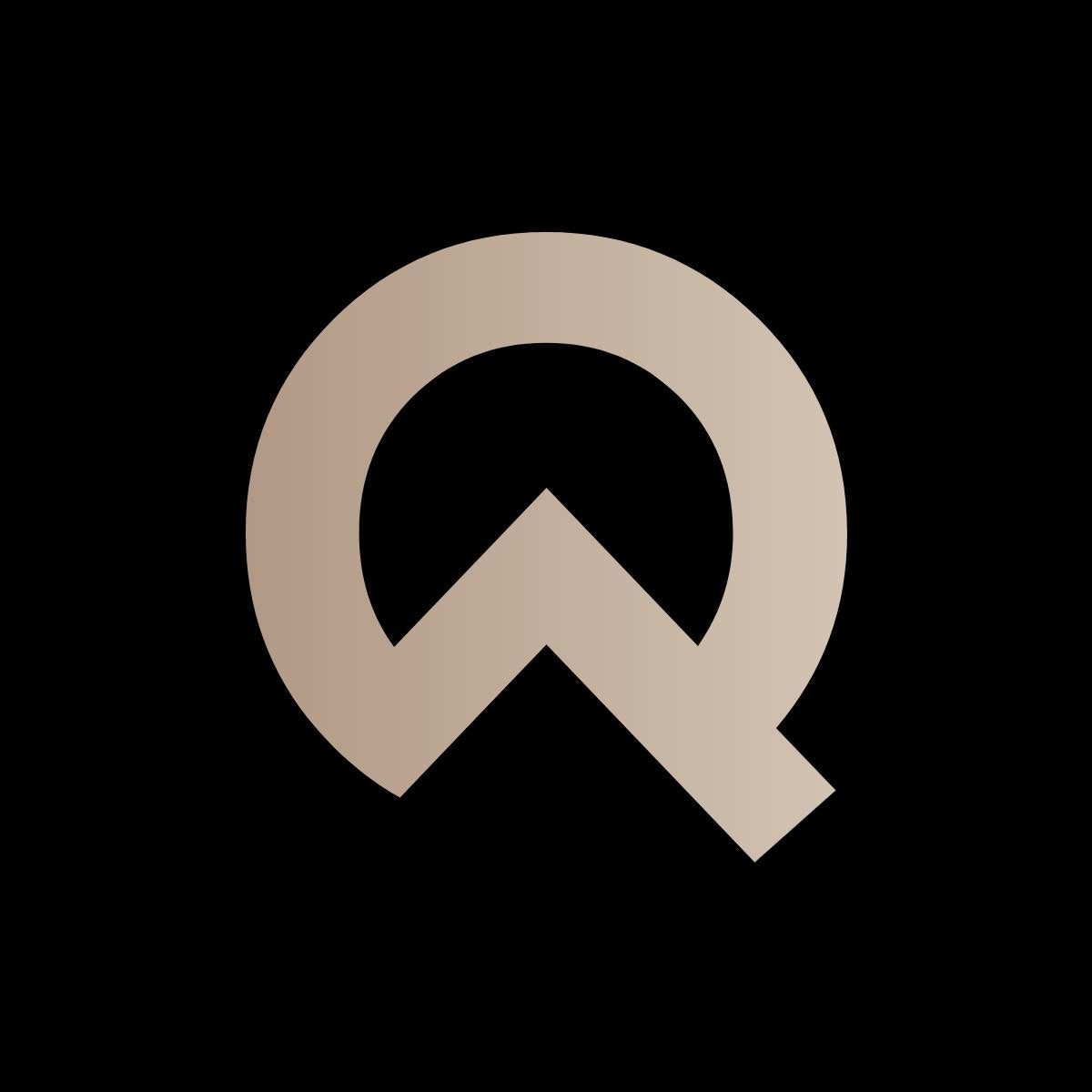 Beige letter 'Q' logo on a black background
