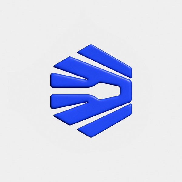 Blue geometric logo on a light gray background