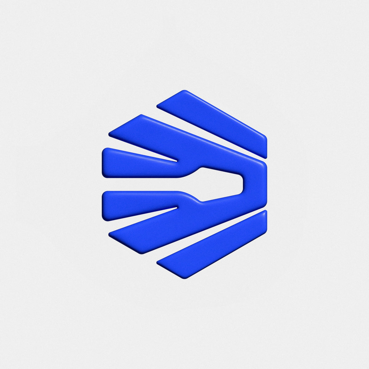 Blue geometric logo on a light gray background