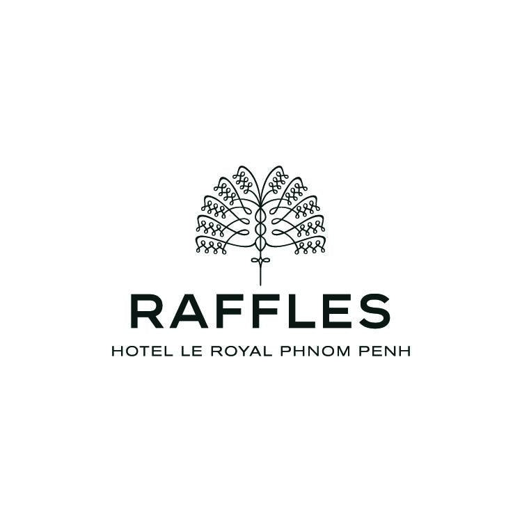 Logo of Raffles Hotel Le Royal Phnom Penh with a decorative butterfly design on a white background.