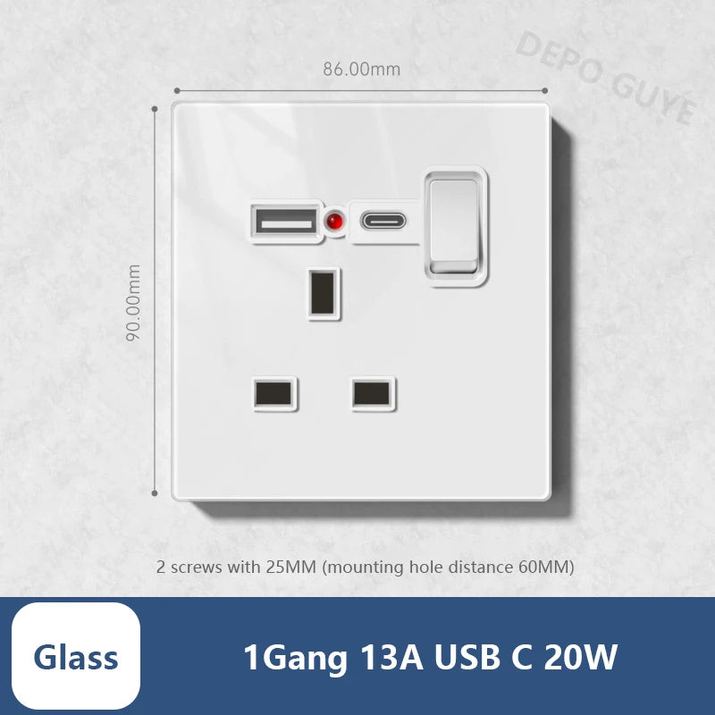 Universal 20W Type-C Wall Quick charge Socket,Dual Switch control Universal Power outlet,White UK Standard USB Interface Socket