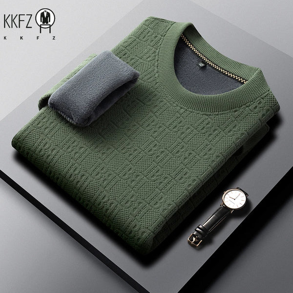 Mens Winter Long Sleeve Knit Top All Over Embossed Pattern Fleece Lined Round Collar Comfort Business Shirt