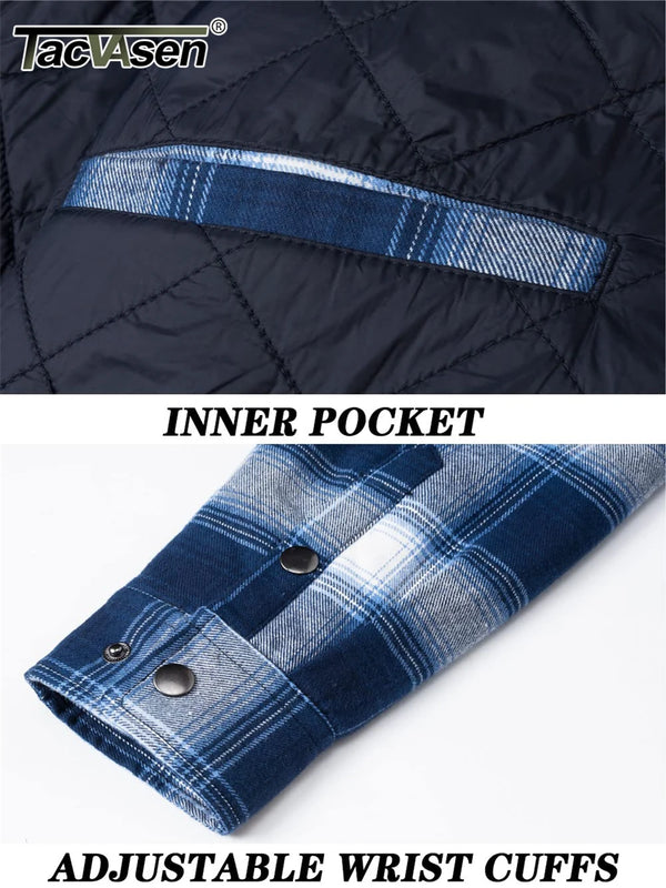 TACVASEN Winter Plaid Cotton Jackets Mens Long Sleeve Quilted Lined Flannel Shirt Jacket Multi-Pockets Outwear Hiking Coats Tops