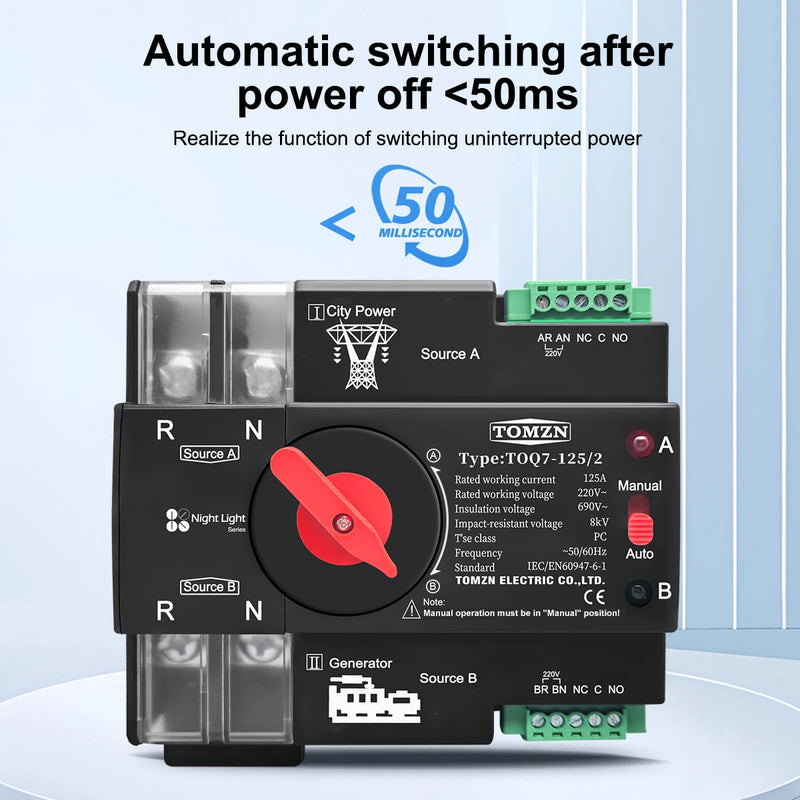 TOMZN Din Rail 2P 3P 4P ATS Dual Power Automatic Transfer Switch Electrical Selector Uninterrupted Power 230V 63A 100A 125A Mini