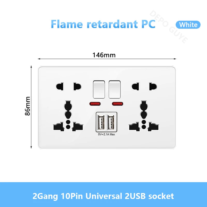 White UK Standard 13A USB Wall Socket Panel,Universal 18W Type-c Quick Charge Socket Plug,Wall Light Switch Electrical outlet