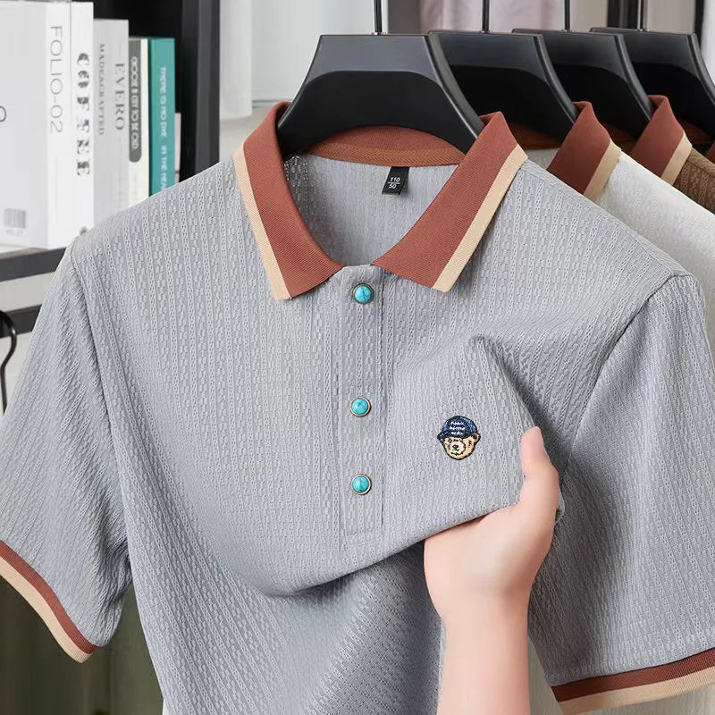 High Quality Man Short-Sleeved Polo Shirt Lapel Button Bear Embroidery British Style T-Shirt Casual Fashion Minimalist Men'sWear