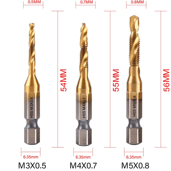 1/6Pcs Tap Drill Bit Set Hex Shank Titanium Plated HSS Screw Thread Bit Screw Machine Compound Tap M3 M4 M5 M6 M8 M10 Hand Tools 3Pcs Golden