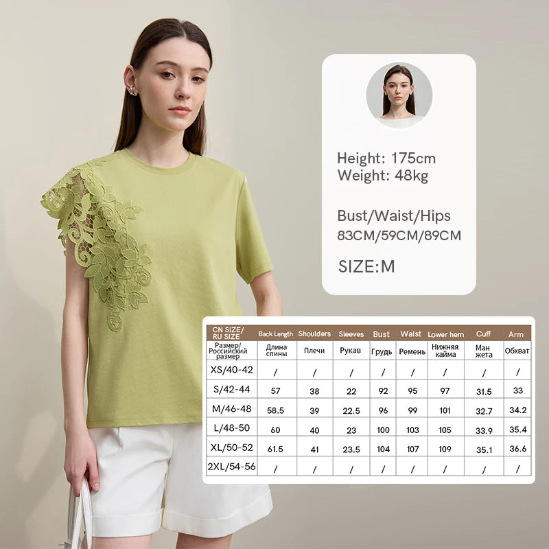 Amii Women T Shirt 2026 Summer New Tops O-Neck Moisture-Wicking Cotton Tee Asymmetric Lace Loose Short Sleeve T-Shirts 12642026