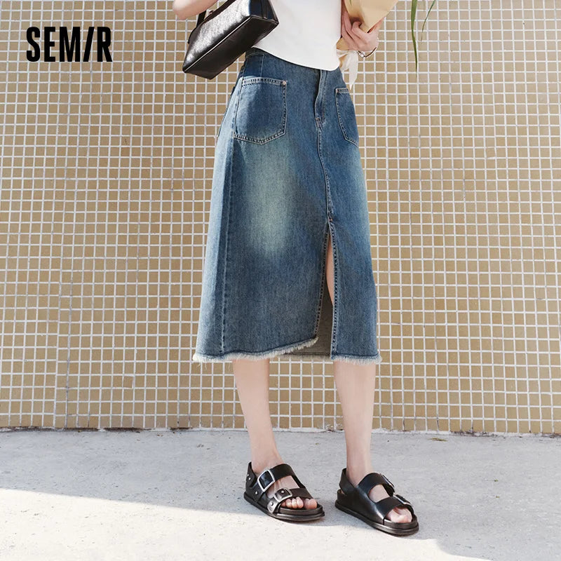 Semir Women Skirt HighWaist Slit Frayed Vintage Washed Straight Denim Long 2026 Trendy Street Daily Fashion Wear