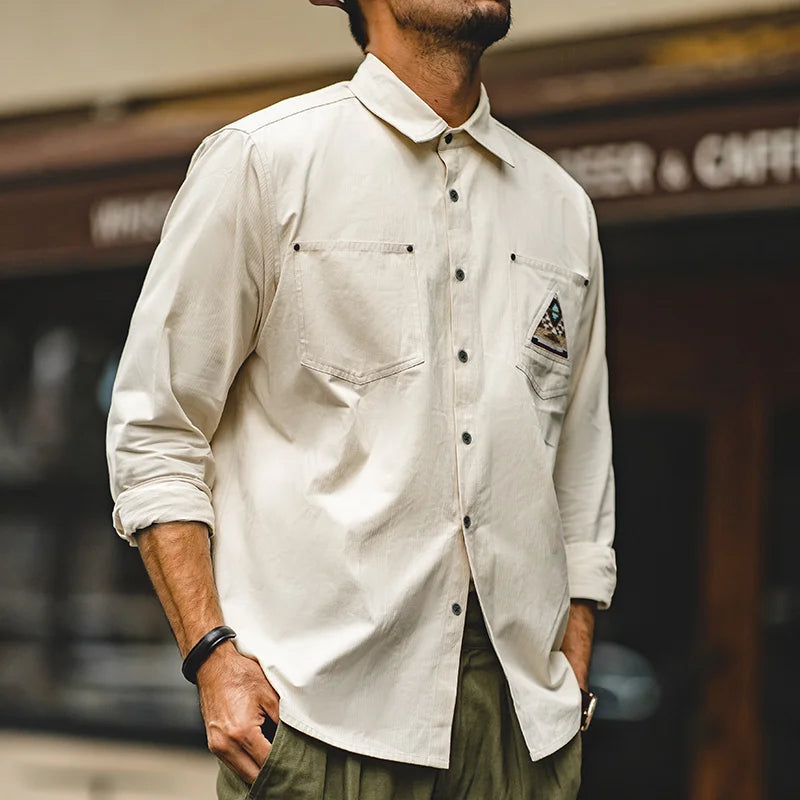 Maden Men Tooling 100% Cotton Indian Totem Shirt Japan Retro Sleeve Patchwork Pocket Turn-down Collar Single-breasted Clothing