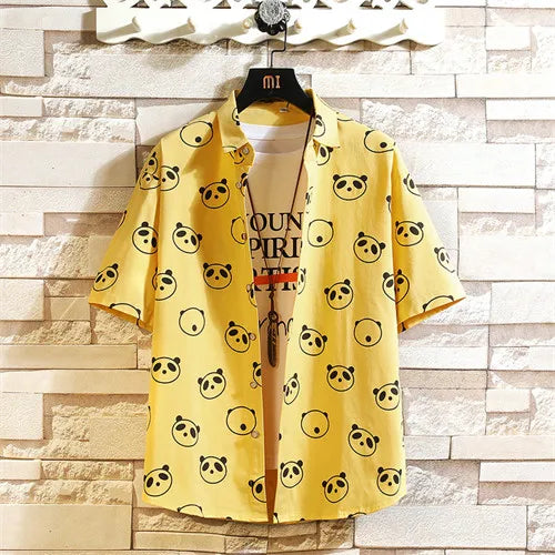 2026 Men's Blue Short-sleeved Shirt, Summer Cotton Shirts, White Yellow Single Breasted Lapel Top Chemise Giant Panda Pattern
