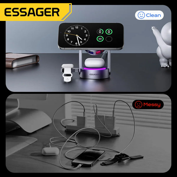 ឆ្នាំងសាកឥតខ្សែ Essager Qi2.2 25W ម៉ាញេទិក 3 ក្នុង 1 ជើងទម្រសាកថ្មលឿន សម្រាប់ iPhone17 16 Pro Max Samsung S25 នាឡិកា កាសស្តាប់ត្រចៀក AirPods