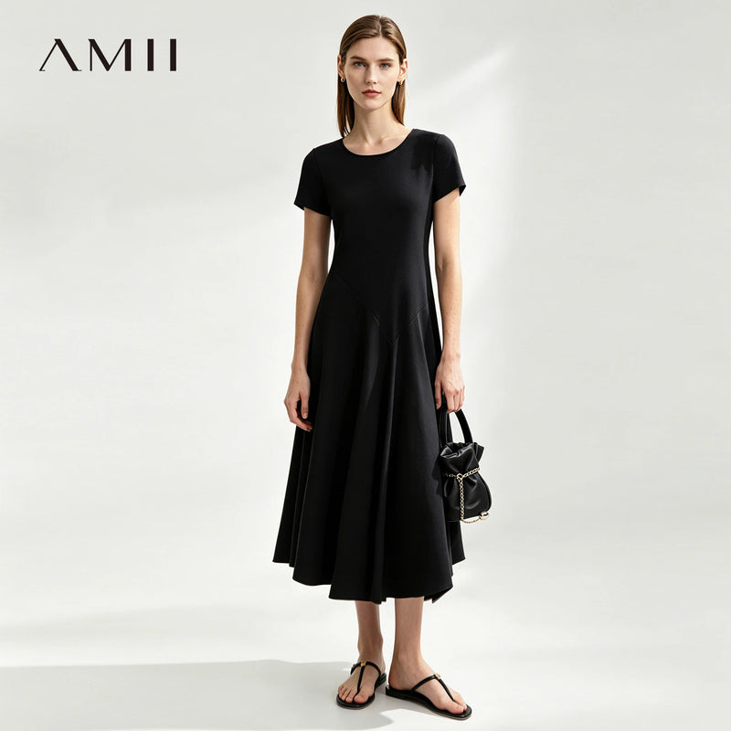 Amii U-Neck Women's Dress 2026 Summer New Slim Short Sleeve Fit A-Line Midi Dress Solid Color Casual Women's Clothing 12642201