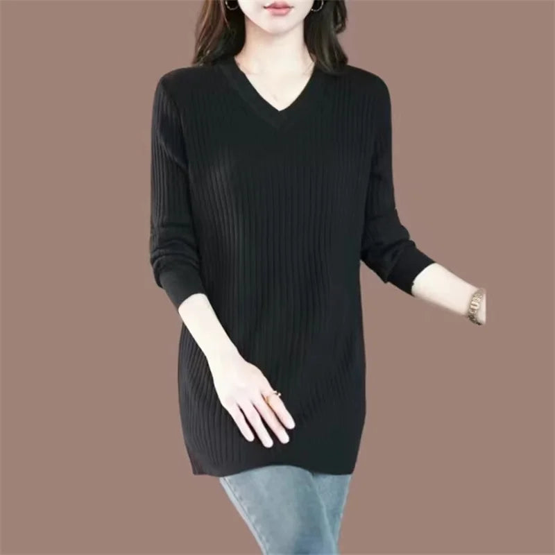 Solid Stretch Female Jumper Top Spring Autumn Large Size Knitted Sweater Women's Pullovers Casual V-Neck Long Knitwear Dress