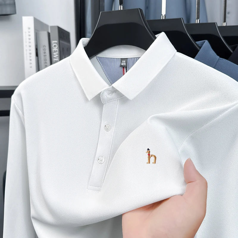 High Quality Men Long Sleeved Polo Shirt Lapel Button Exquisite Embroidery Not Deformed Autumn Winter Business Casual Men's Wear