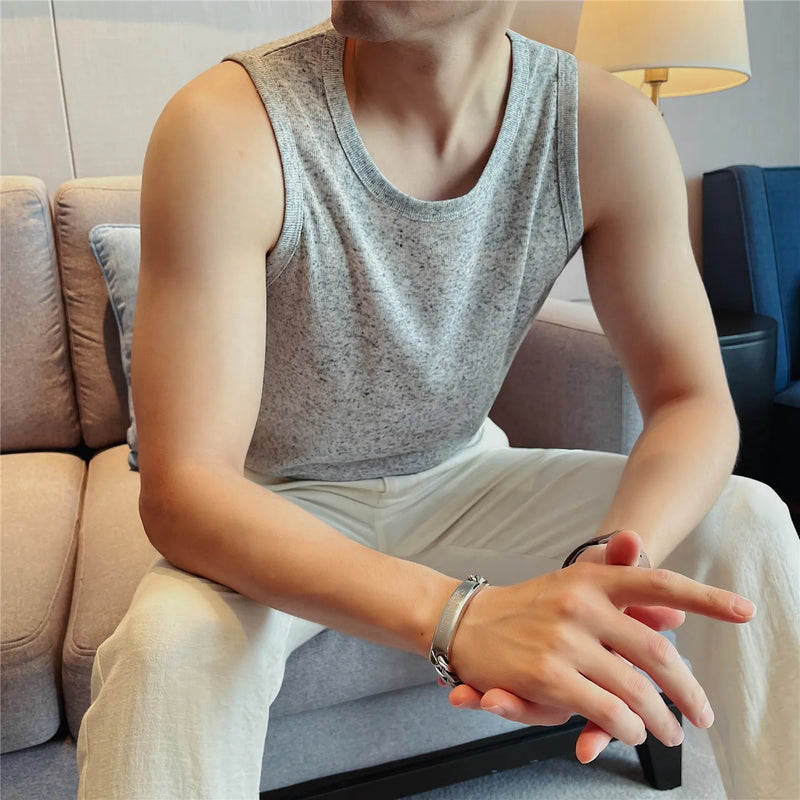 Men's Two-Tone Linen Blend Knit Tank Top – Summer Breathable Textured Sleeveless Vest for Fitness & Casual Wear