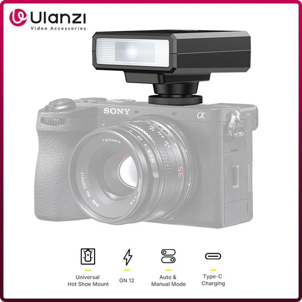 កាមេរ៉ាខ្នាតតូច Ulanzi F12 ភ្លើង Flash Speedlite 5600K GN12 ជើងទម្រស្តង់ដារសម្រាប់កាមេរ៉ា Sony Canon Nikon Panasonic Olympus DSLR